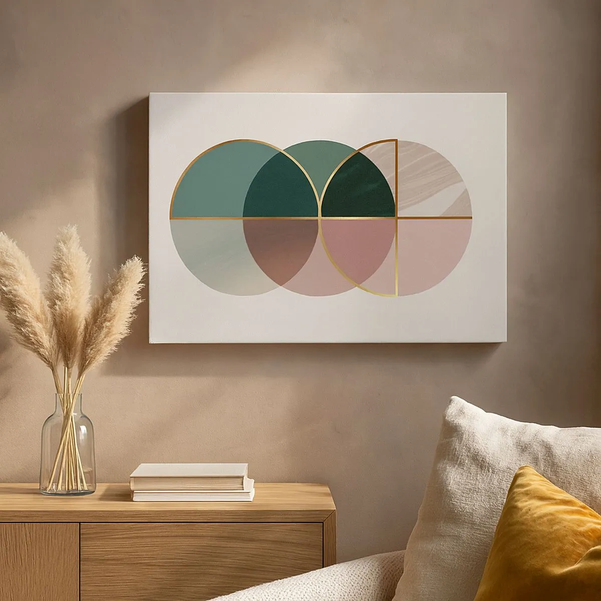 Bild auf Leinwand - Leinwandbild - Eine abstrakte Komposition aus geometrischen Formen und goldenen Linien. - 70x50cm - Ein Rad hinter dem anderen… - Moderne Wanddekoration für Wohnzimmer und Schlafzimmer ARTTOR