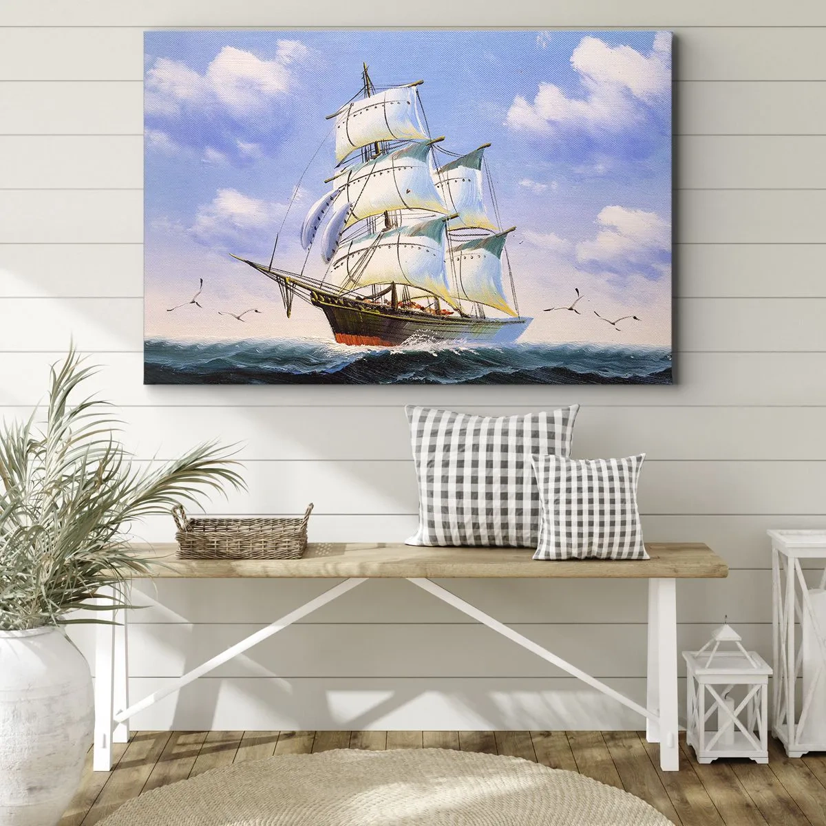 Bild auf Leinwand - Leinwandbild - Ein Segelschiff auf offener See unter blauem Himmel - 70x50cm - Mit Stolz mit dem Wind - Moderne Wanddekoration für Wohnzimmer und Schlafzimmer ARTTOR