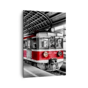 Bild auf Leinwand - Leinwandbild - Roter Zug am Bahnhof unter einem Dach - 50x70cm - Vielleicht ist es eine Reise Ihres Lebens? - Moderne Wanddekoration für Wohnzimmer und Schlafzimmer ARTTOR