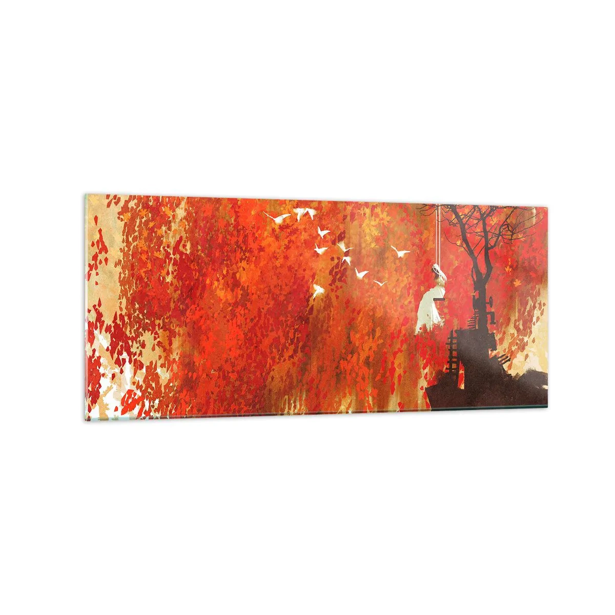 Glasbild - Bild auf glas - Eine Figur auf einer Schaukel neben einem Baum, umgeben von roten Blättern - 120x50cm - Wird er mit ihnen fliegen? - Moderne Wanddekoration für Wohnzimmer und Schlafzimmer ARTTOR