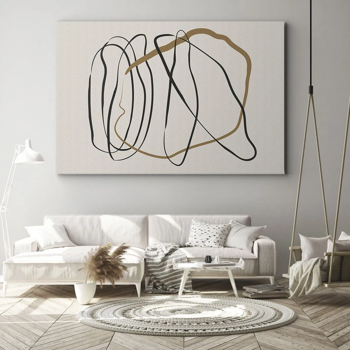 Bild auf Leinwand - Leinwandbild - Künstlerische Linien in Schwarz und Gold auf hellem Hintergrund - 120x80cm - Komposition – Looptanz - Moderne Wanddekoration für Wohnzimmer und Schlafzimmer ARTTOR