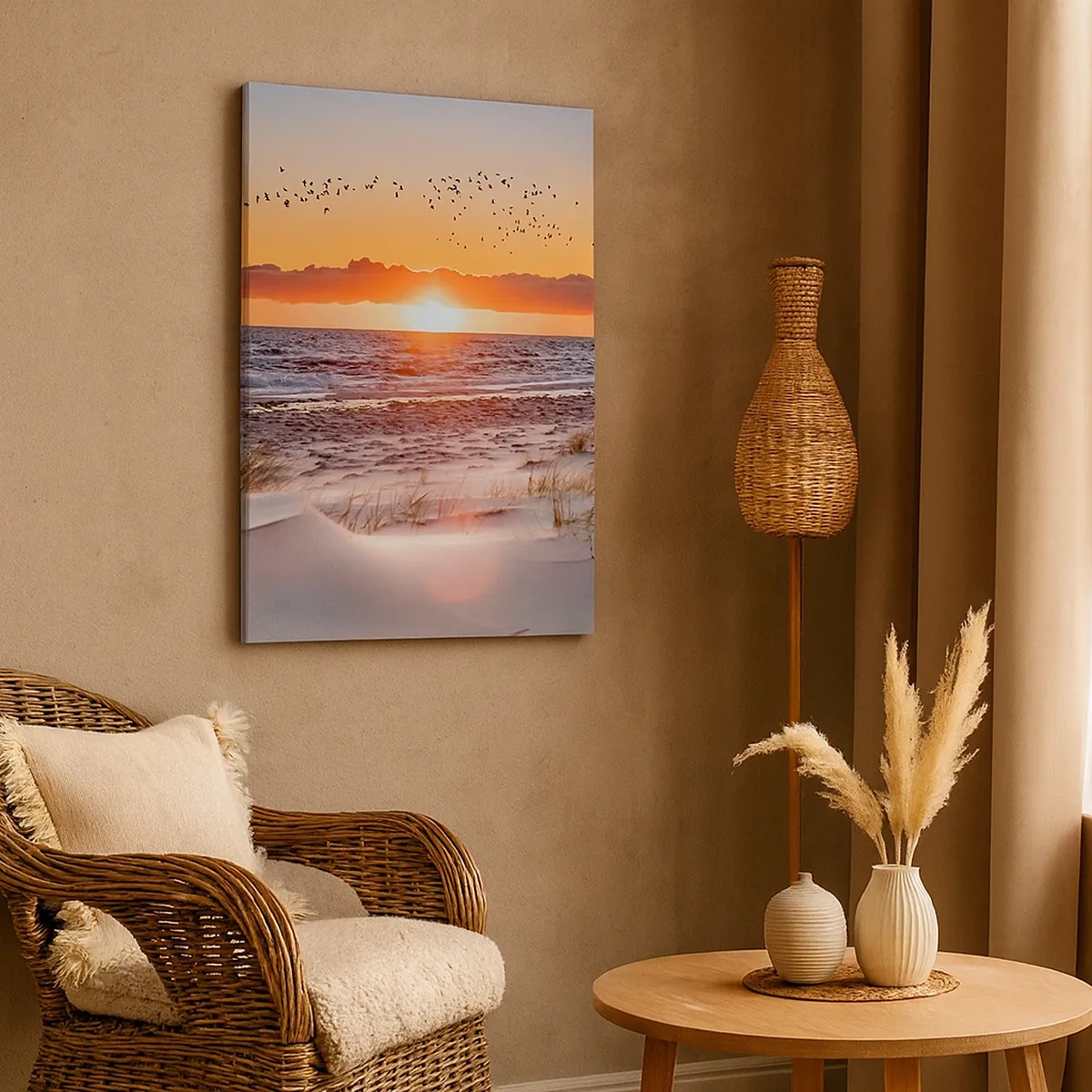 Bild auf Leinwand - Leinwandbild - Sonnenuntergang über dem Meer mit Blick auf die Dünen - 50x70cm - Horizontale Landschaft - Moderne Wanddekoration für Wohnzimmer und Schlafzimmer ARTTOR