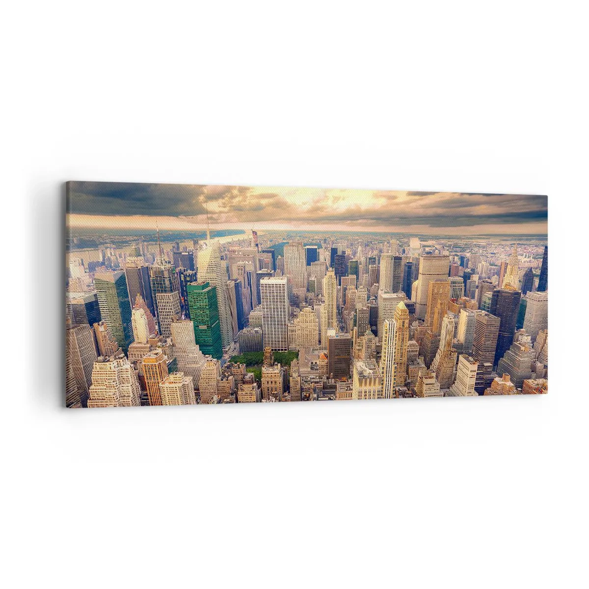 Bild auf Leinwand - Leinwandbild - Stadtpanorama mit Blick auf Wolkenkratzer bei Sonnenuntergang - 120x50cm - Vergoldete Metropole - Moderne Wanddekoration für Wohnzimmer und Schlafzimmer ARTTOR