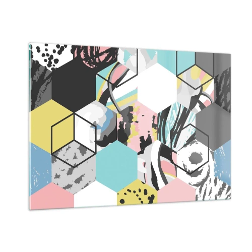 Glasbild - Bild auf glas - Bunte Würfel und Sechsecke in moderner Komposition - 100x70cm - Sechsecke und Würfel in sechs Farben - Moderne Wanddekoration für Wohnzimmer und Schlafzimmer ARTTOR