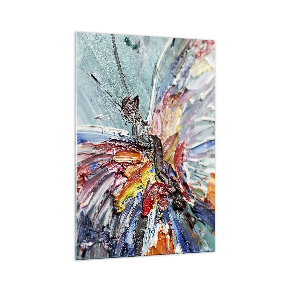 Glasbild - Bild auf glas - Bunter Impasto-Schmetterling auf pastellfarbenem Hintergrund - 70x100cm - Von der Natur gemalt - Moderne Wanddekoration für Wohnzimmer und Schlafzimmer ARTTOR