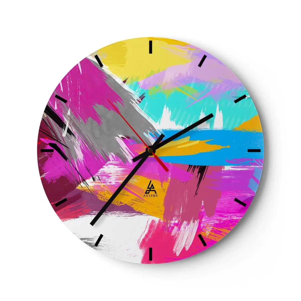 Wanduhr - Glasuhr - Bunte abstrakte Pinselstriche - 30x30cm - Und nochmal und nochmal und nochmal wieder - Moderne Wanddekoration für Wohnzimmer, Küche und Schlafzimmer ARTTOR
