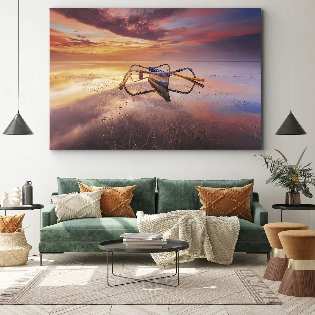 Bild auf Leinwand - Leinwandbild - Ein Boot auf ruhigem Wasser bei Sonnenuntergang - 120x80cm - Die Ruhe eines tropischen Abends - Moderne Wanddekoration für Wohnzimmer und Schlafzimmer ARTTOR