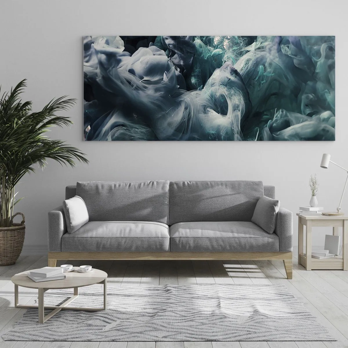 Glasbild - Bild auf glas - Dynamische abstrakte Wellen in Blau- und Weißtönen - 120x50cm - Farbbewegung - Moderne Wanddekoration für Wohnzimmer und Schlafzimmer ARTTOR