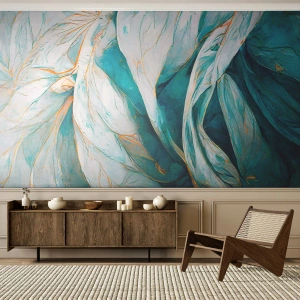Maßgeschneiderte Fototapete Premium Canvas - Blaue Abstraktion mit goldenem Motiv - Stück, Art Deco, Subtil