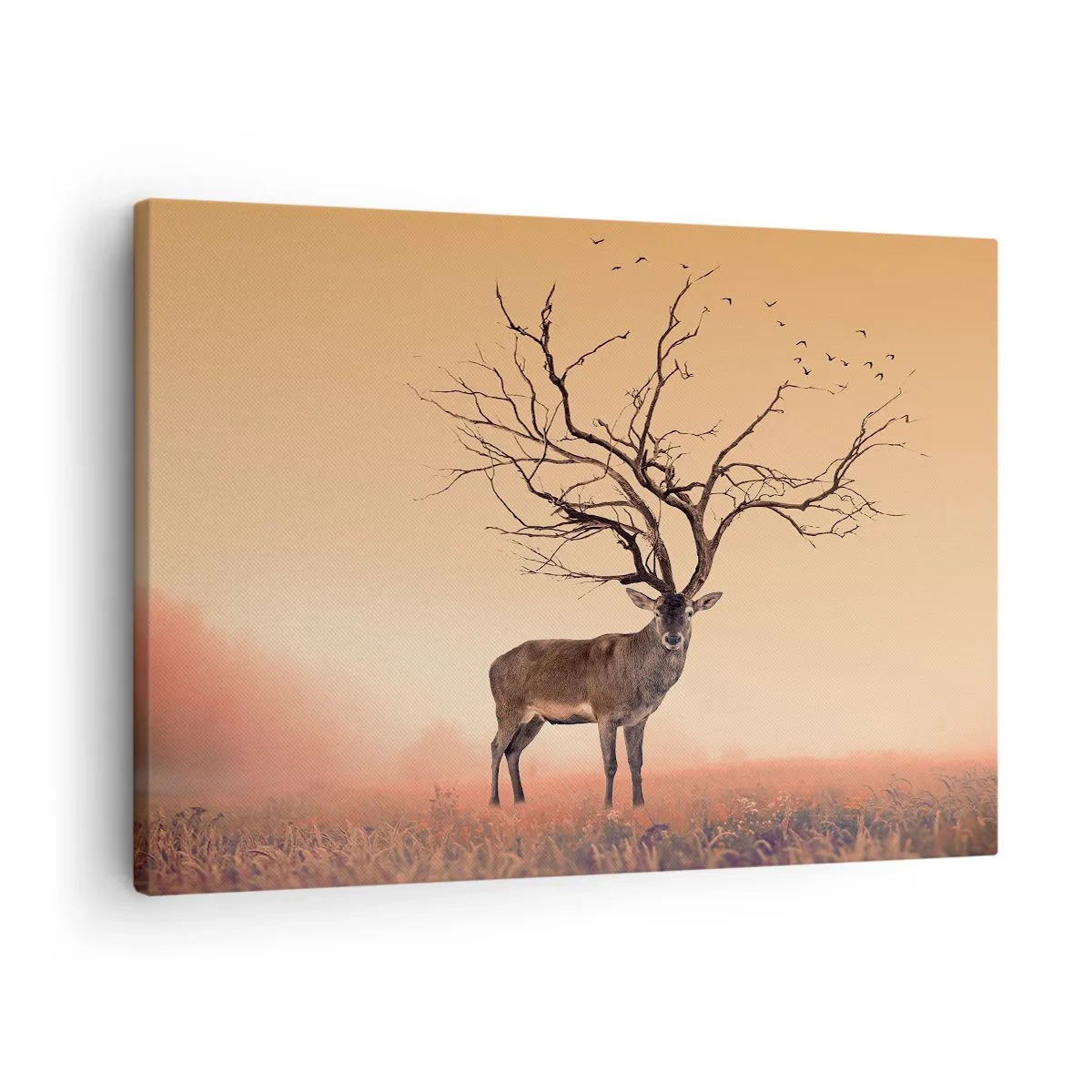 Bild auf Leinwand - Leinwandbild - Eine ausgefallene Hirschgrafik mit Ästen statt Geweih - 70x50cm - Prajelen - der ewige Geist des Waldes - Moderne Wanddekoration für Wohnzimmer und Schlafzimmer ARTTOR