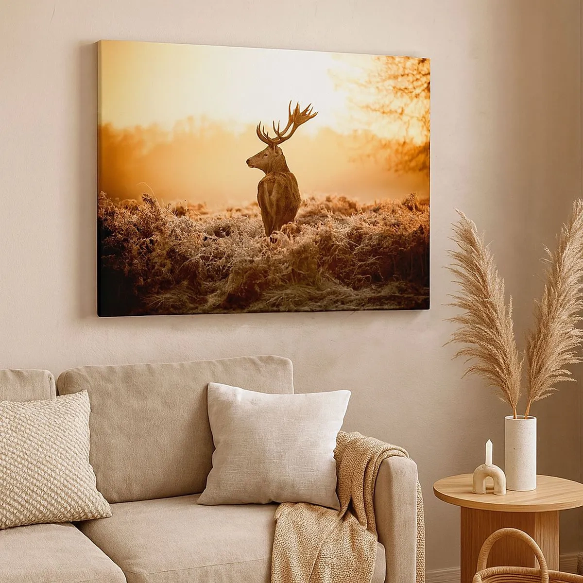Bild auf Leinwand - Leinwandbild - Hirsch in den Strahlen der aufgehenden Sonne - 70x50cm - Herr im eigenen Land - Moderne Wanddekoration für Wohnzimmer und Schlafzimmer ARTTOR