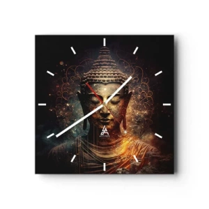 Wanduhr - Glasuhr - Goldener Buddha auf dunklem Hintergrund mit Ornamenten - 30x30cm - Spirituelles Gleichgewicht - Moderne Wanddekoration für Wohnzimmer und Schlafzimmer ARTTOR