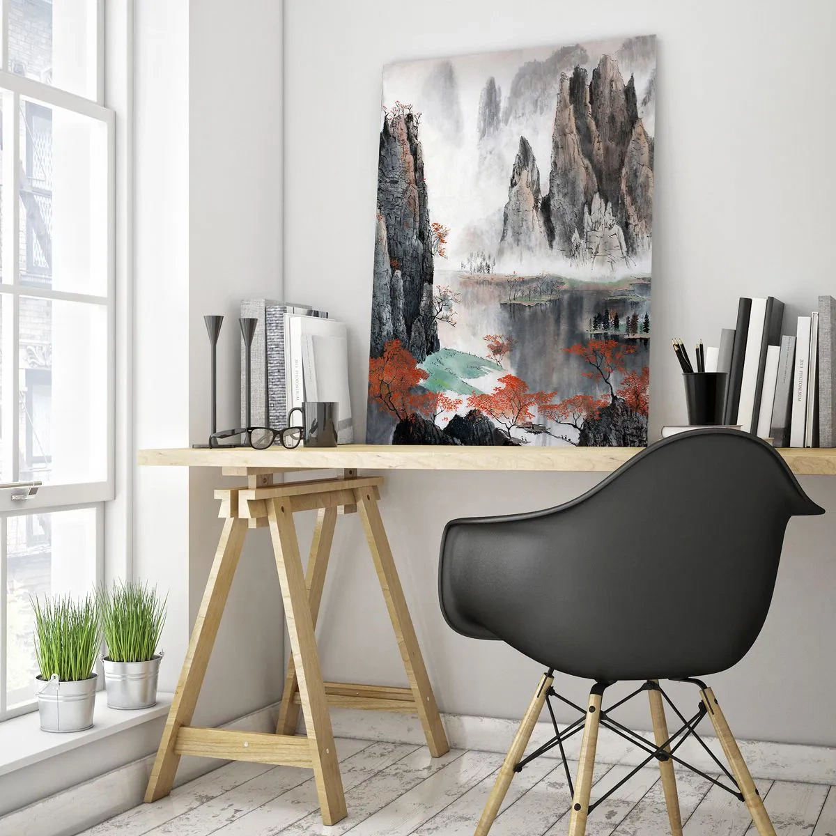 Glasbild - Bild auf glas - Eine malerische Berglandschaft mit nebligen Gipfeln und roten Bäumen - 50x70cm - Mächtige Wächter - Moderne Wanddekoration für Wohnzimmer und Schlafzimmer ARTTOR