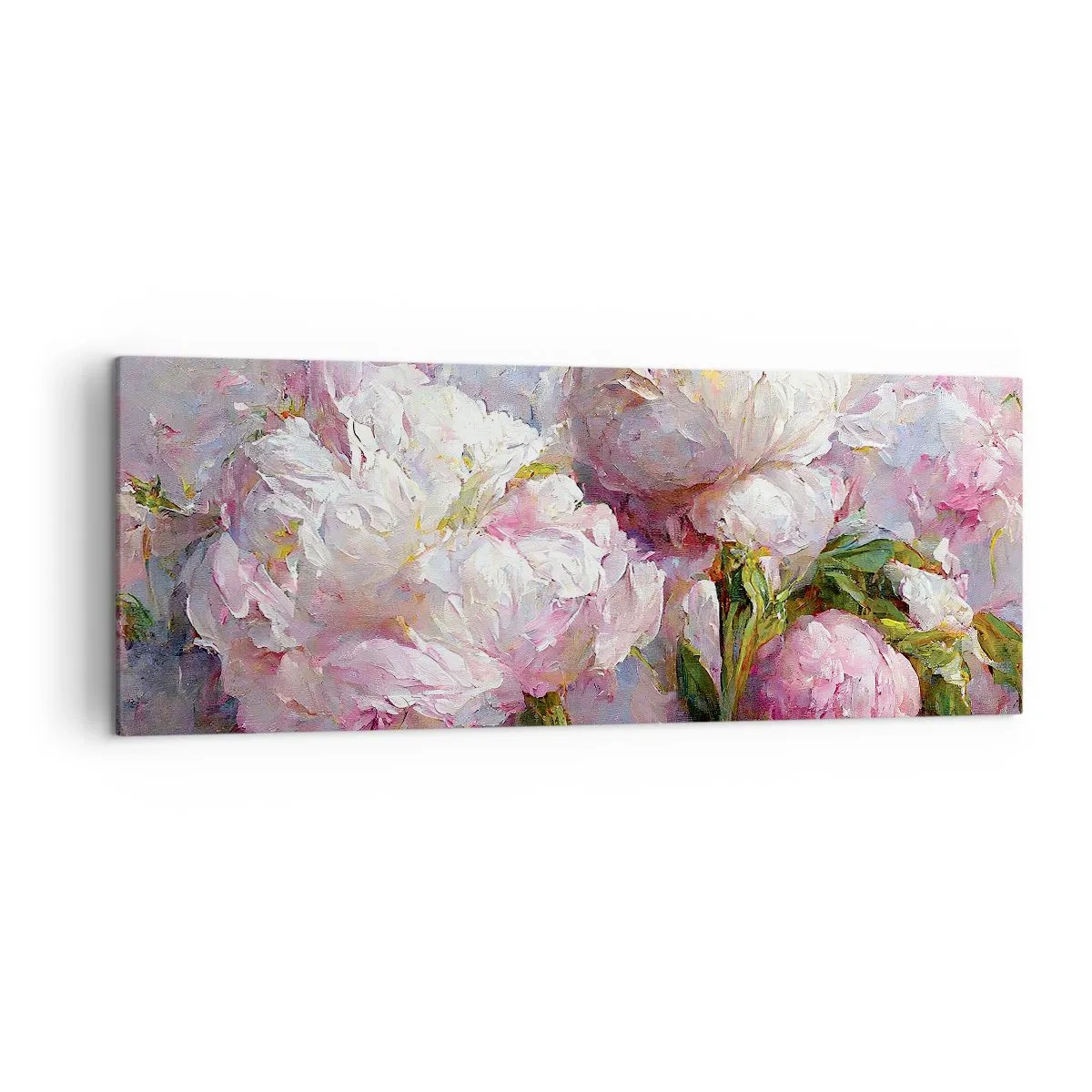 Bild auf Leinwand - Leinwandbild - Romantische Pfingstrosenblüten in Pastellfarben - 140x50cm - Strauß voller Leben - Moderne Wanddekoration für Wohnzimmer und Schlafzimmer ARTTOR