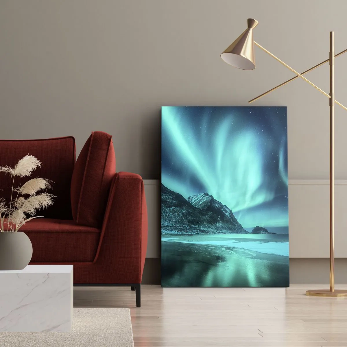 Bild auf Leinwand - Leinwandbild - Aurora Borealis über einer bergigen Winterlandschaft - 80x120cm - Wunder des Nordens - Moderne Wanddekoration für Wohnzimmer und Schlafzimmer ARTTOR