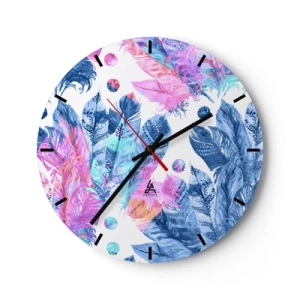Wanduhr - Glasuhr - Bunte Federn im Aquarellstil - 30x30cm - Pflaumen in Pink und Blau - Moderne Wanddekoration für Wohnzimmer, Küche und Schlafzimmer ARTTOR