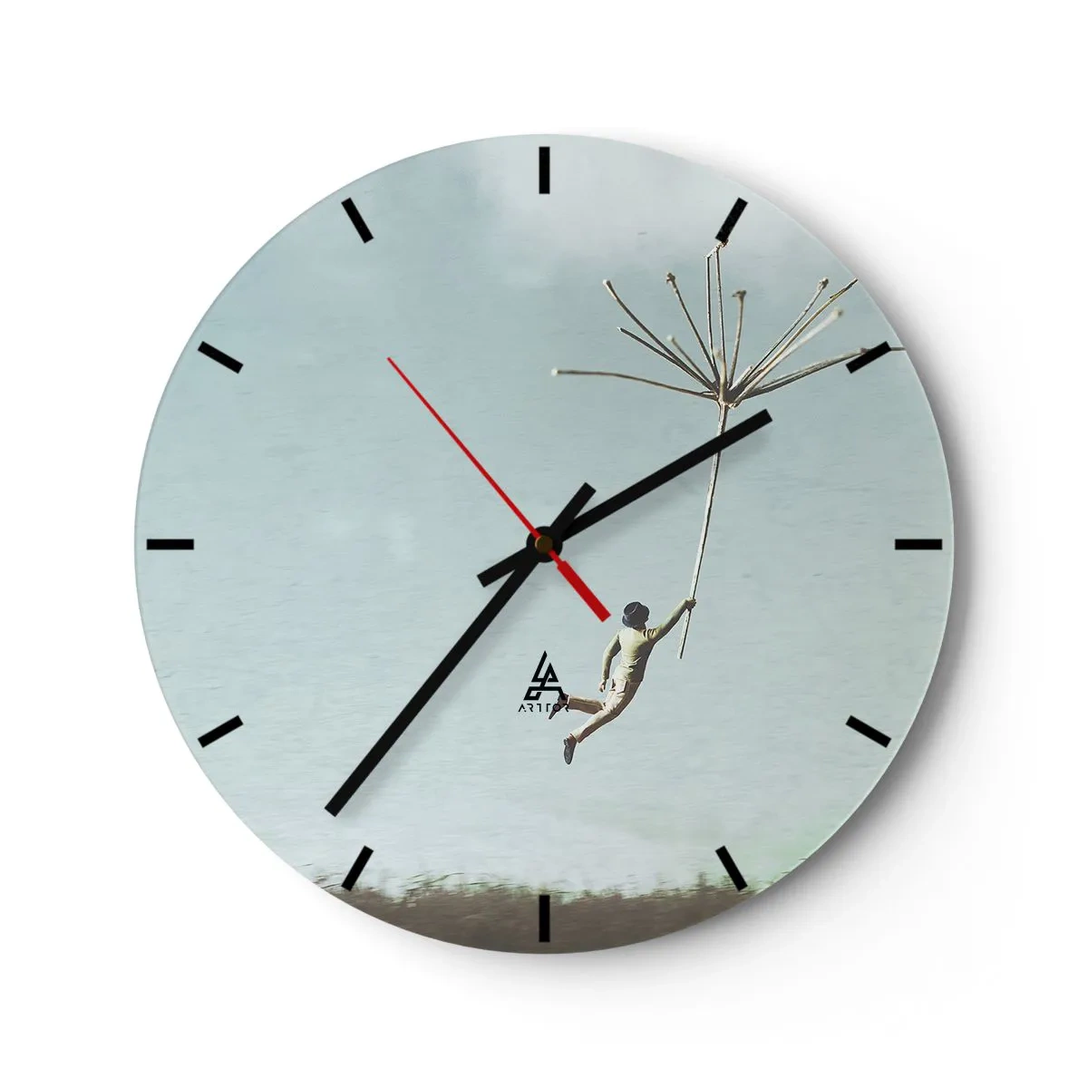 Wanduhr - Glasuhr - Eine in der Luft schwebende Figur, die einen riesigen Löwenzahn hält - 30x30cm - Drachen, Löwenzahn, Wind - Moderne Wanddekoration für Wohnzimmer, Küche und Schlafzimmer ARTTOR