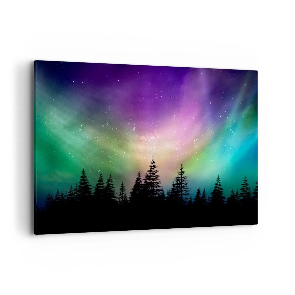 Bild auf Leinwand - Leinwandbild - Aurora Borealis über einem Wald mit Sternenhimmel - 100x70cm - weiße Magie - Moderne Wanddekoration für Wohnzimmer und Schlafzimmer ARTTOR