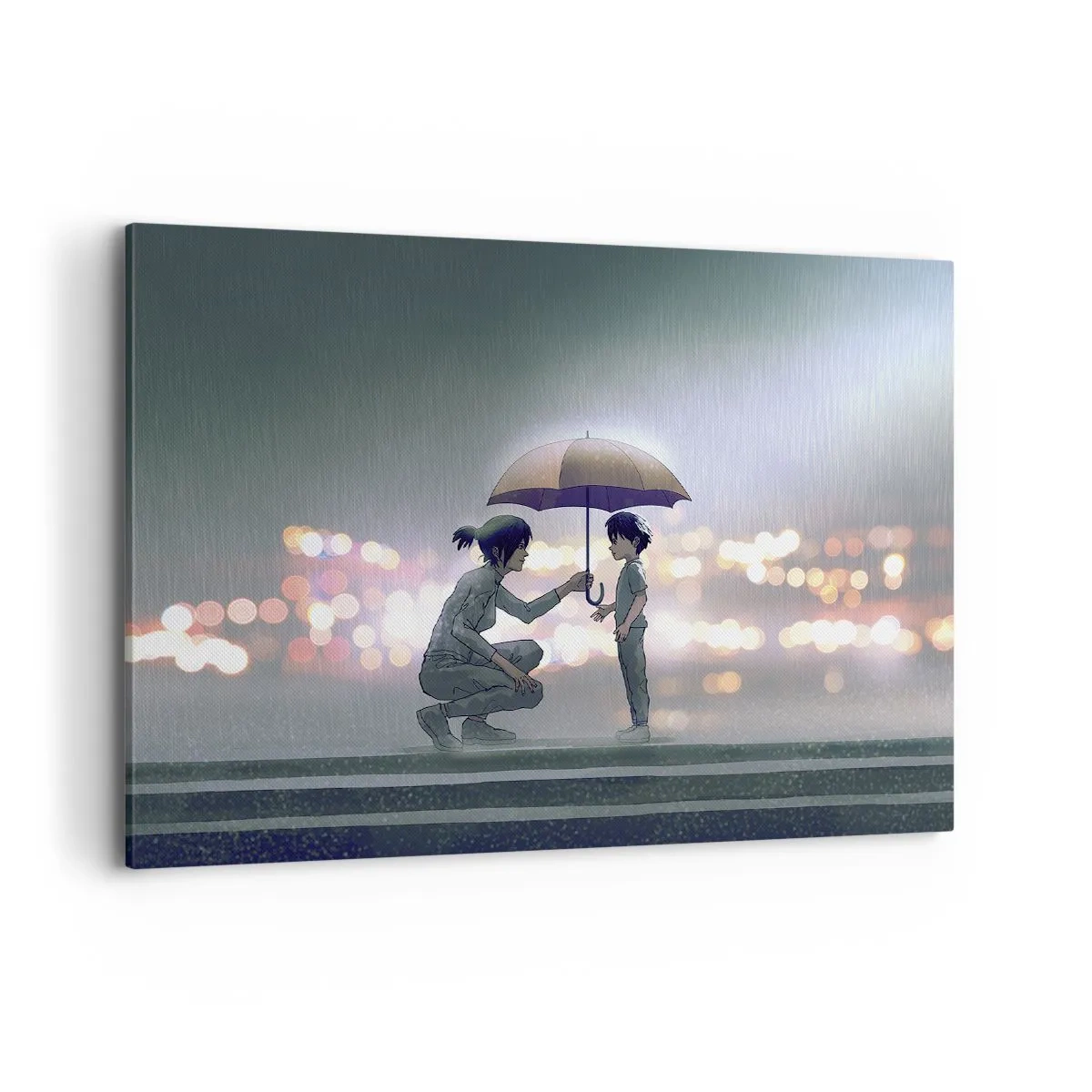 Bild auf Leinwand - Leinwandbild - Eine Figur mit einem Regenschirm schützt ein Kind vor dem Hintergrund nächtlicher Lichter. - 100x70cm - Und jetzt ist alles in Ordnung - Moderne Wanddekoration für Wohnzimmer und Schlafzimmer ARTTOR