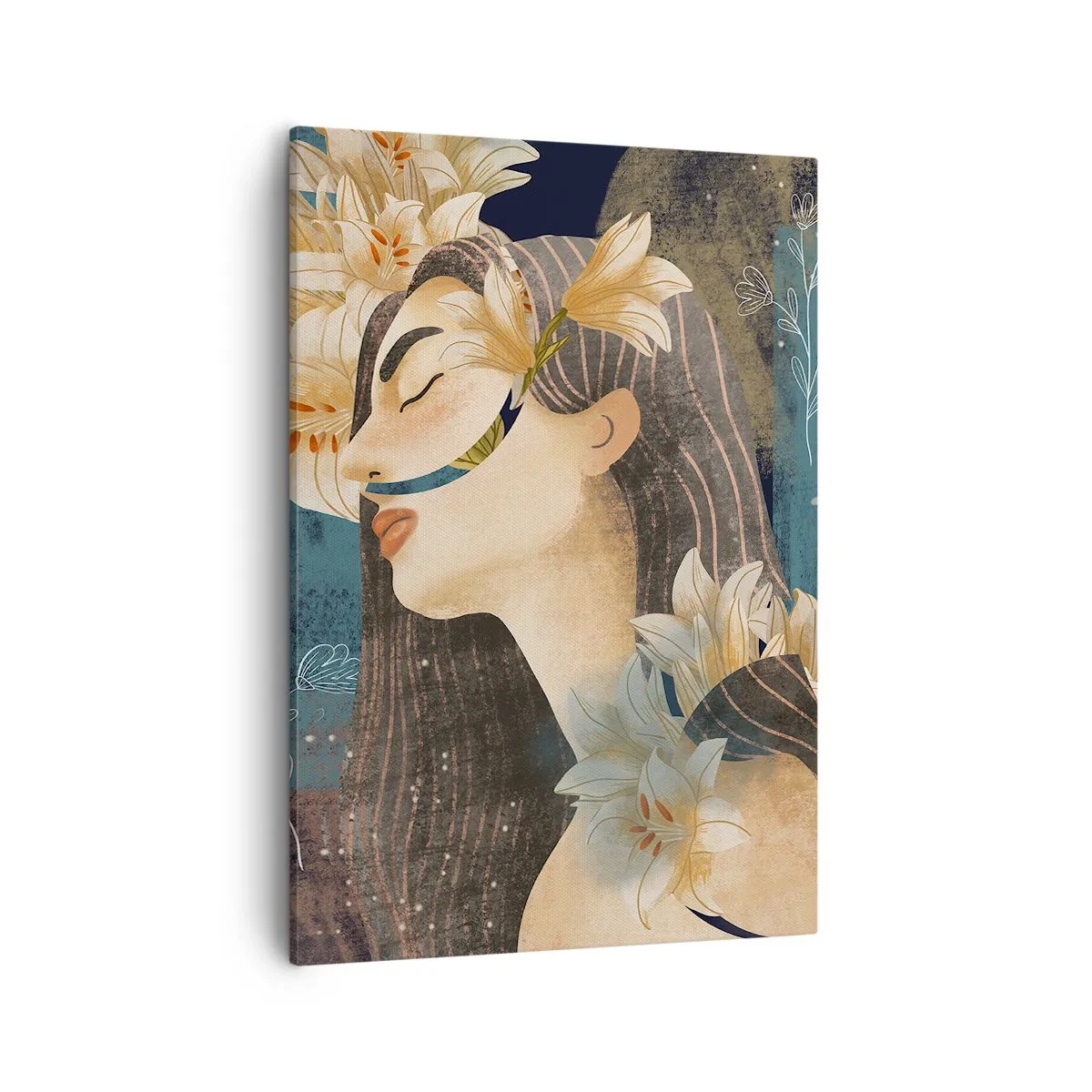 Bild auf Leinwand - Leinwandbild - Porträt einer Frau mit Blumen im künstlerischen Stil auf dunklem Hintergrund - 50x70cm - Ein Märchen über eine Prinzessin mit Lilien - Moderne Wanddekoration für Wohnzimmer und Schlafzimmer ARTTOR
