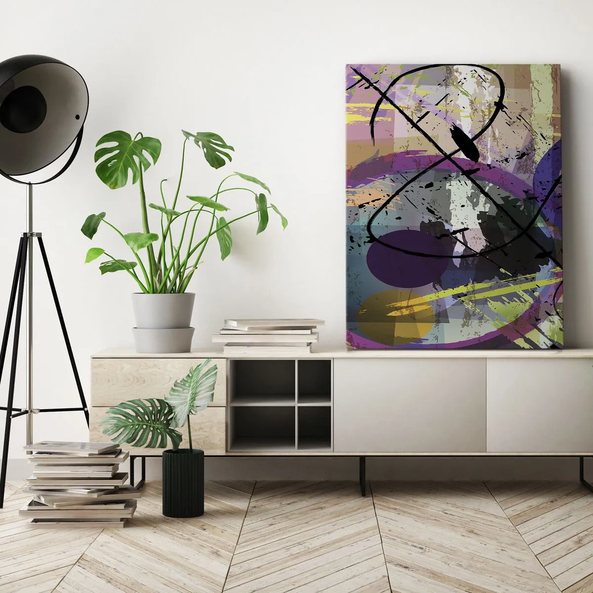 Bild auf Leinwand - Leinwandbild - Ein farbenfrohes abstraktes Muster mit dynamischen Linien und Formen. - 80x120cm - Du kannst geradeaus oder umhergehen - Moderne Wanddekoration für Wohnzimmer und Schlafzimmer ARTTOR