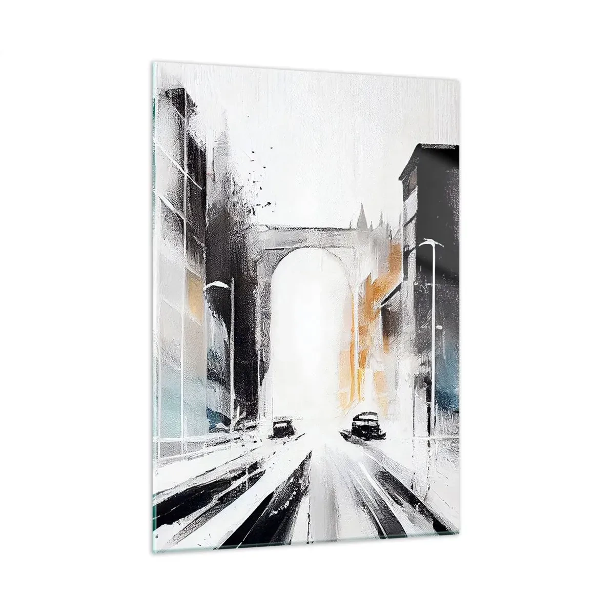 Glasbild - Bild auf glas - Eine dynamische Stadtstraße mit Autos und einem Bogen im Hintergrund im malerischen Stil. - 50x70cm - Stadtstudie: Architektur und Bewegung - Moderne Wanddekoration für Wohnzimmer und Schlafzimmer ARTTOR