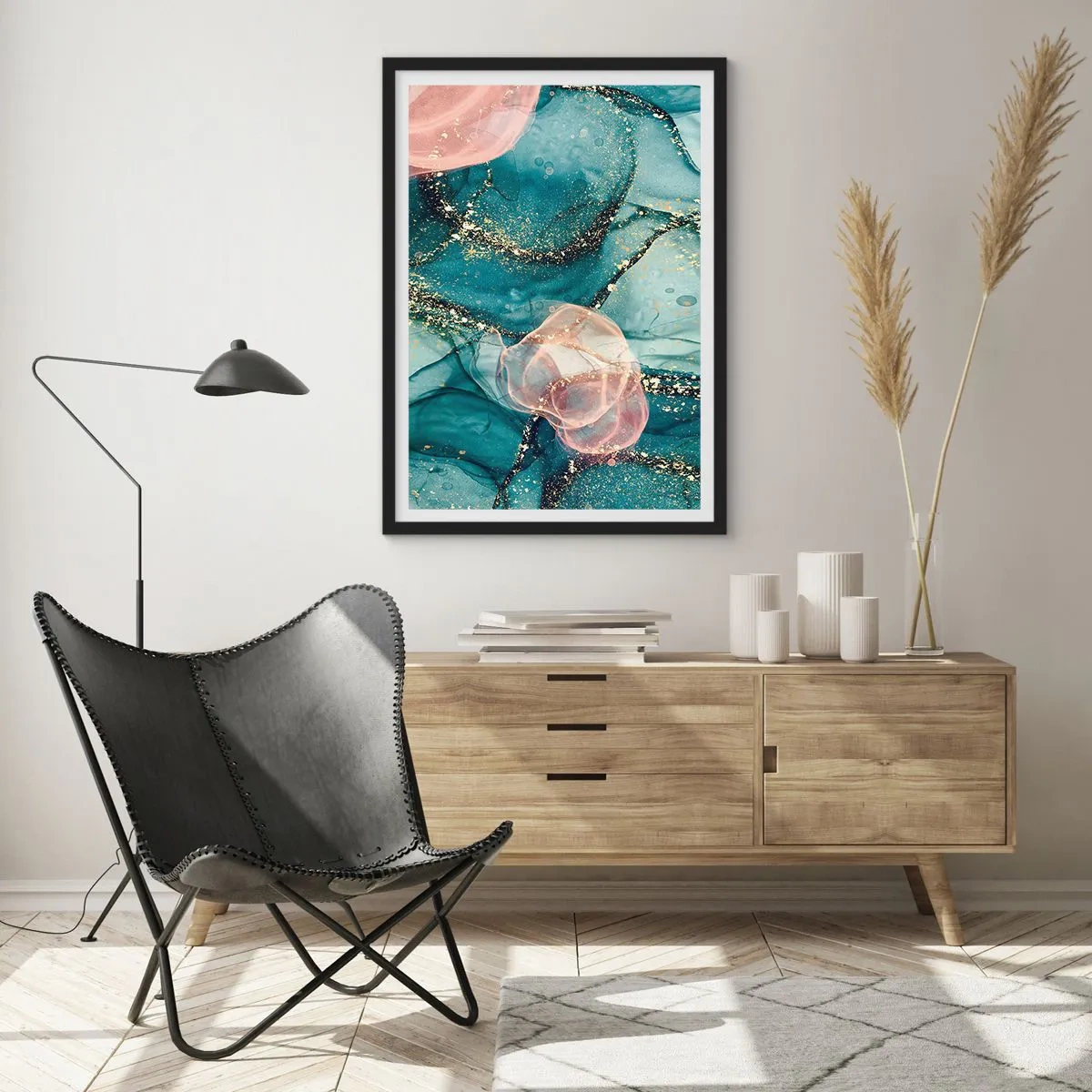 Poster in einem schwarzem Rahmen - Eine abstrakte Komposition in Türkis- und Goldtönen. - 50x70cm - Seidenblau, Tüllrosa - Moderne Wanddekoration für Wohnzimmer und Schlafzimmer ARTTOR