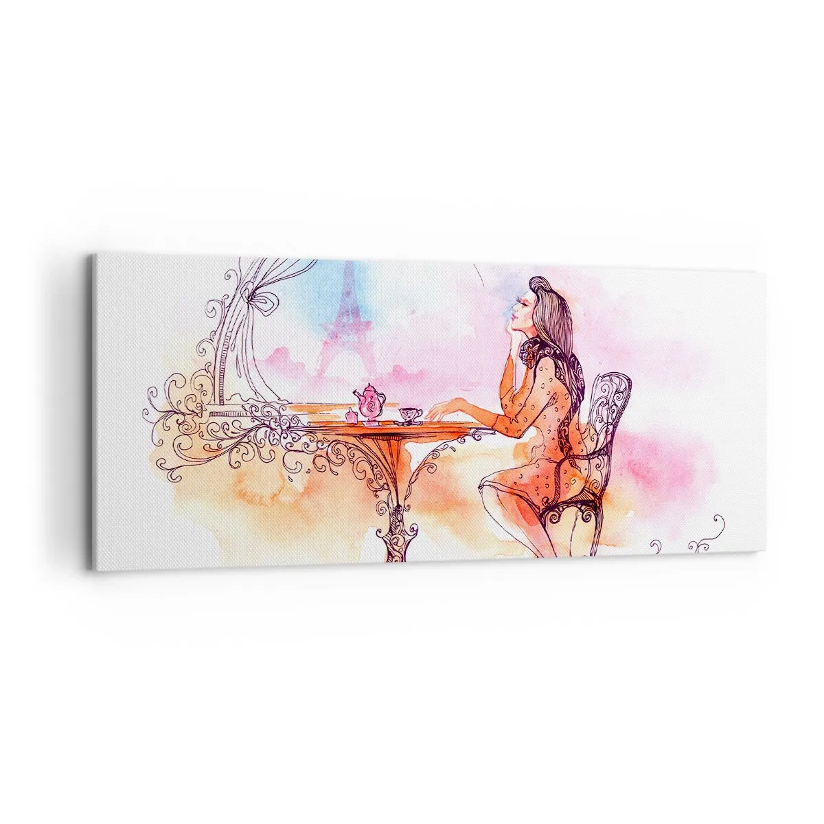 Bild auf Leinwand - Leinwandbild - Romantisches Aquarell einer Frau in einem Café mit Blick auf einen Turm - 120x50cm - Pariser Chic - Moderne Wanddekoration für Wohnzimmer und Schlafzimmer ARTTOR