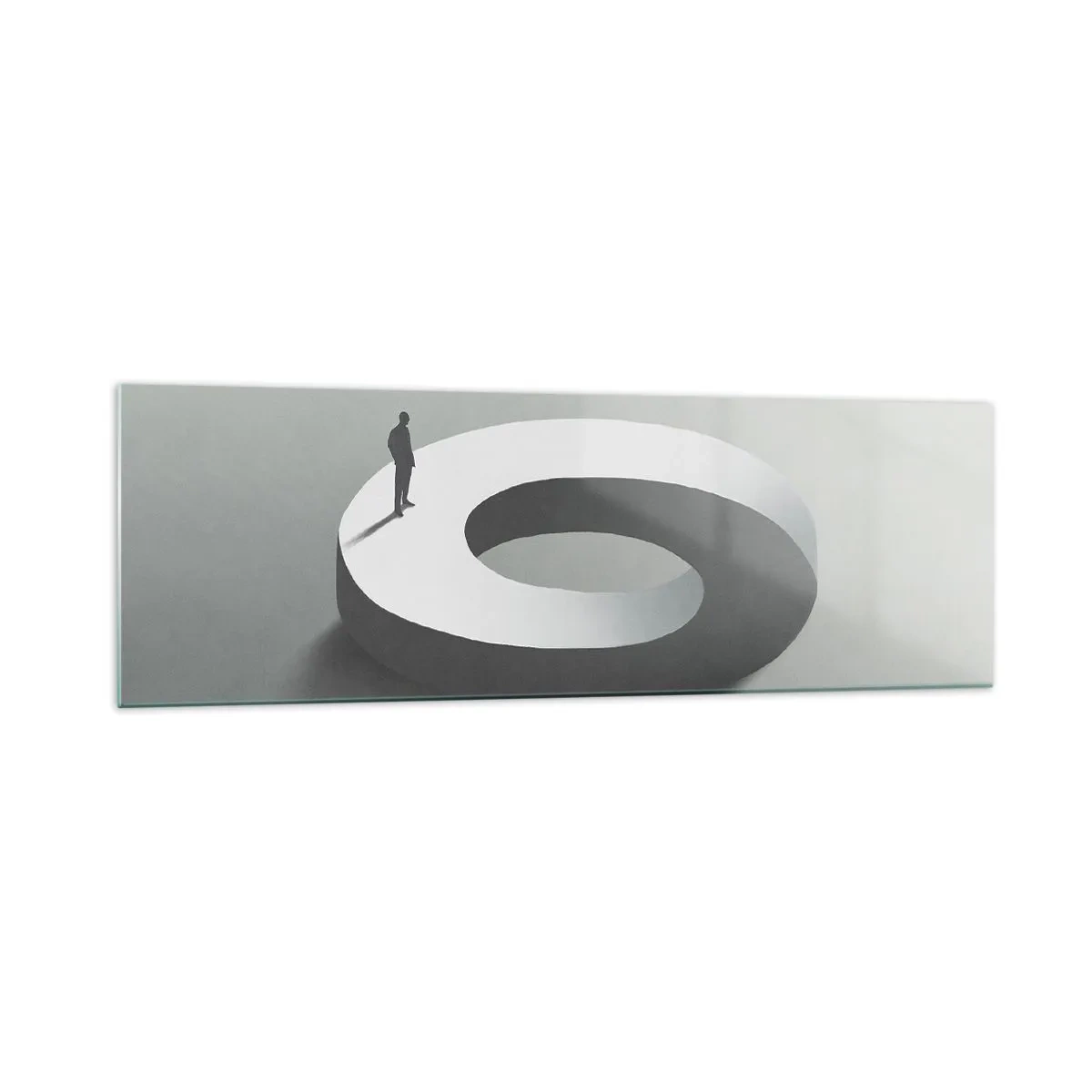 Glasbild - Bild auf glas - Ein Mann auf einer grauen, abstrakten Struktur - 160x50cm - Und wie soll man davon klug werden - Moderne Wanddekoration für Wohnzimmer und Schlafzimmer ARTTOR