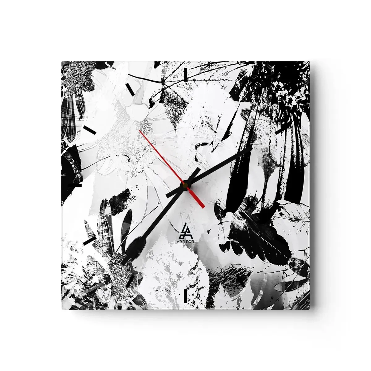 Wanduhr - Glasuhr - Schwarz-weiße abstrakte Blumen im minimalistischen Stil - 30x30cm - Herbst negativ - Moderne Wanddekoration für Wohnzimmer und Schlafzimmer ARTTOR
