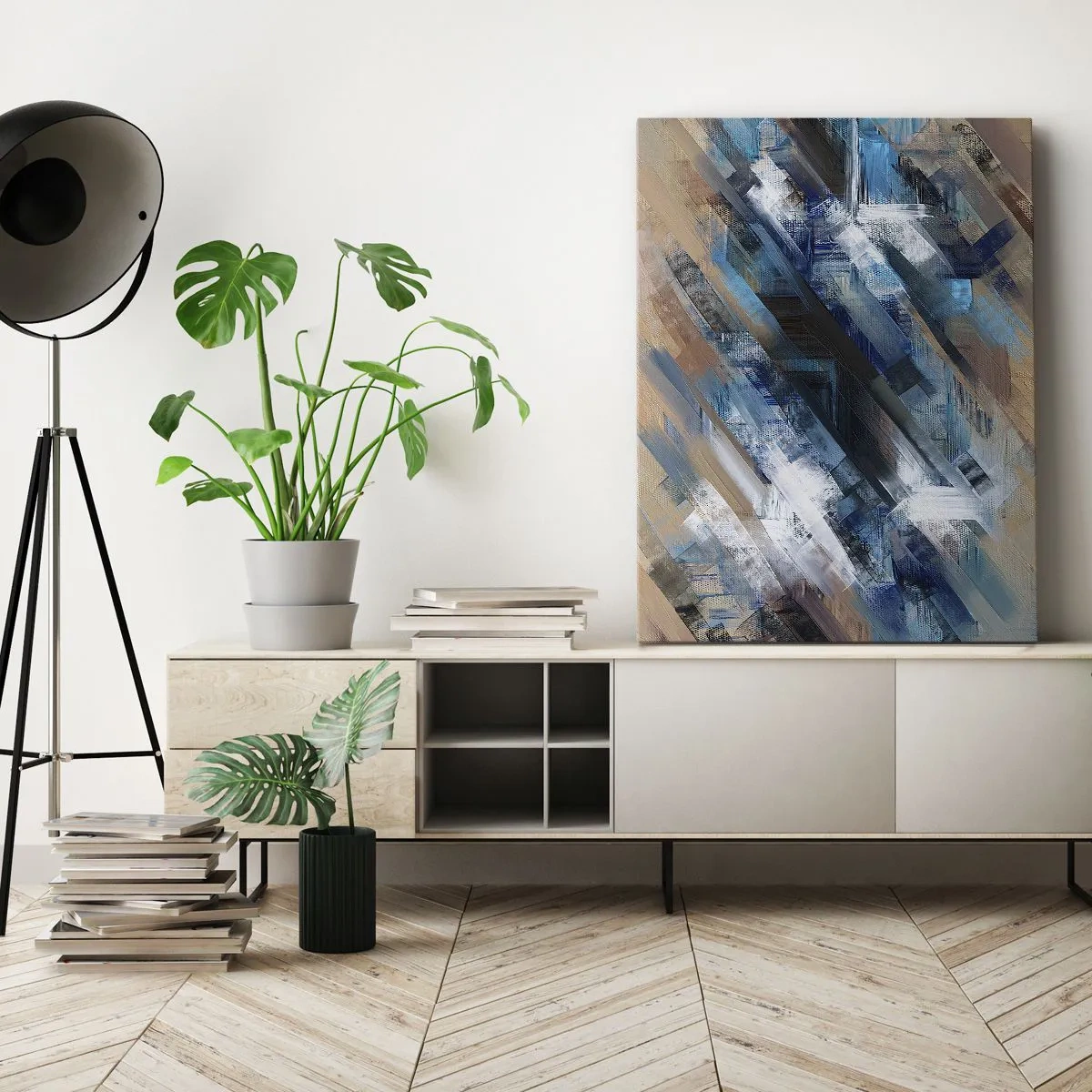 Bild auf Leinwand - Leinwandbild - Abstrakte Komposition mit blauen diagonalen Linien - 70x100cm - Auf einer blauen Diagonale - Moderne Wanddekoration für Wohnzimmer und Schlafzimmer ARTTOR