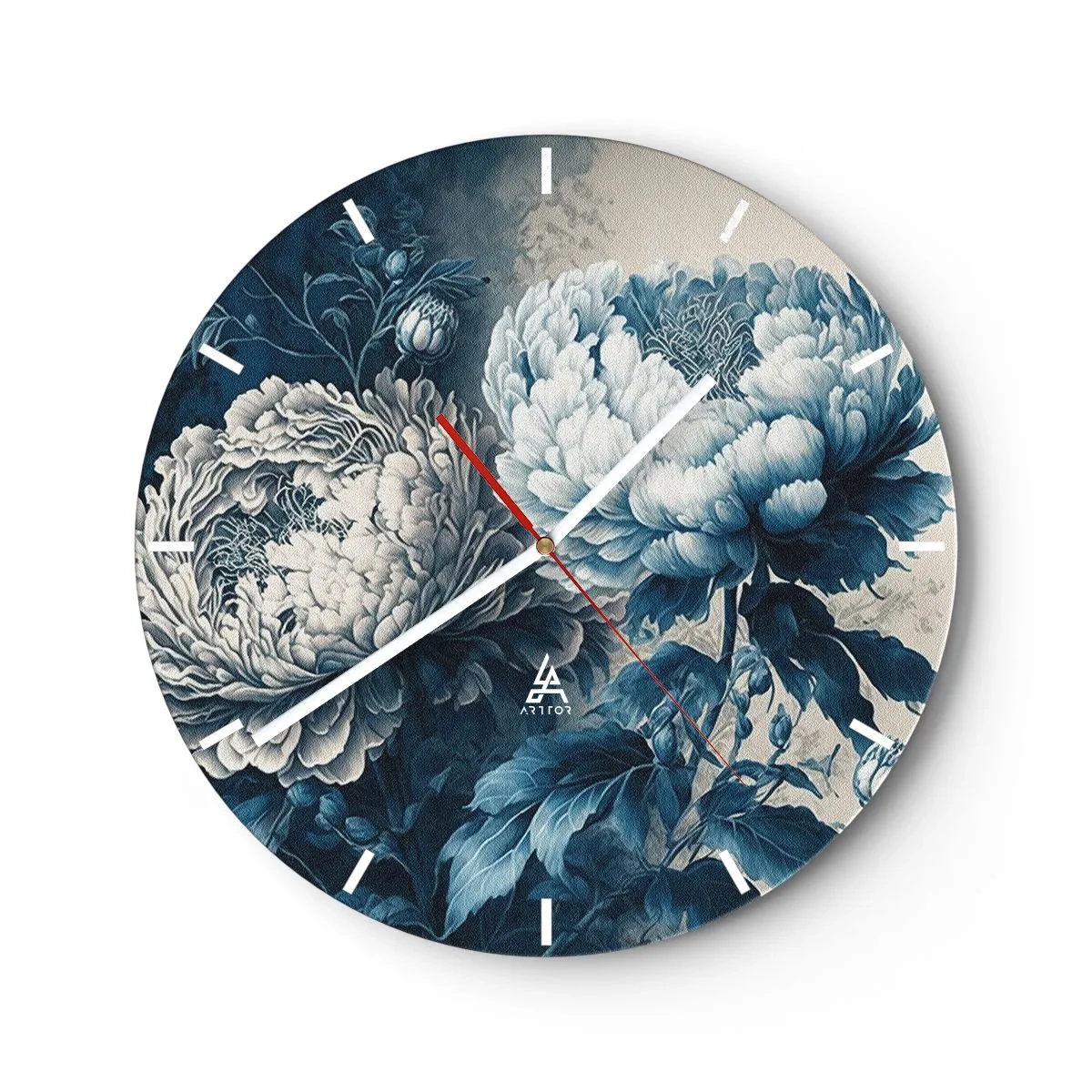 Wanduhr - Glasuhr - Illustration von zwei Pfingstrosen in Blau- und Weißtönen - 30x30cm - Passendes Paar - Moderne Wanddekoration für Wohnzimmer, Küche und Schlafzimmer ARTTOR