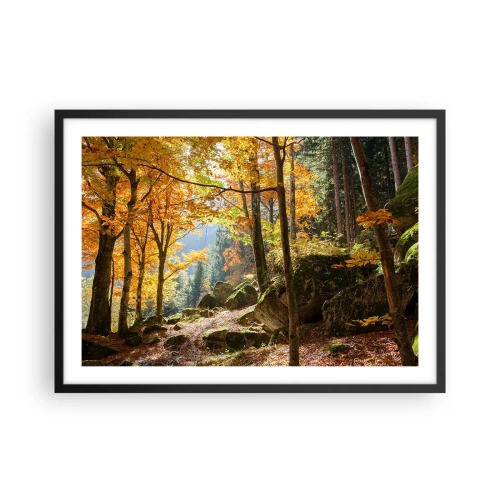 Poster in einem schwarzem Rahmen - Ein Herbstwald voller goldener Blätter und Sonnenlicht - 70x50cm - Zeit zum Entspannen - Moderne Wanddekoration für Wohnzimmer und Schlafzimmer ARTTOR