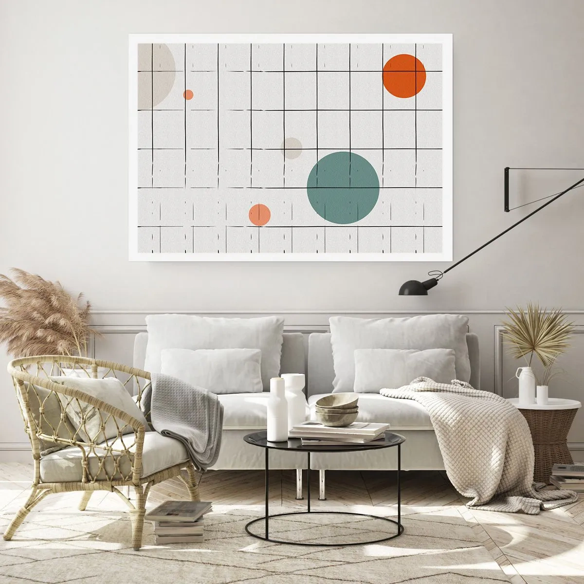 Poster - Abstrakte farbige Kreise auf einem geometrischen Gitterhintergrund - 100x70cm - Gefangen. Wir oder sie? - Moderne Wanddekoration für Wohnzimmer und Schlafzimmer ARTTOR