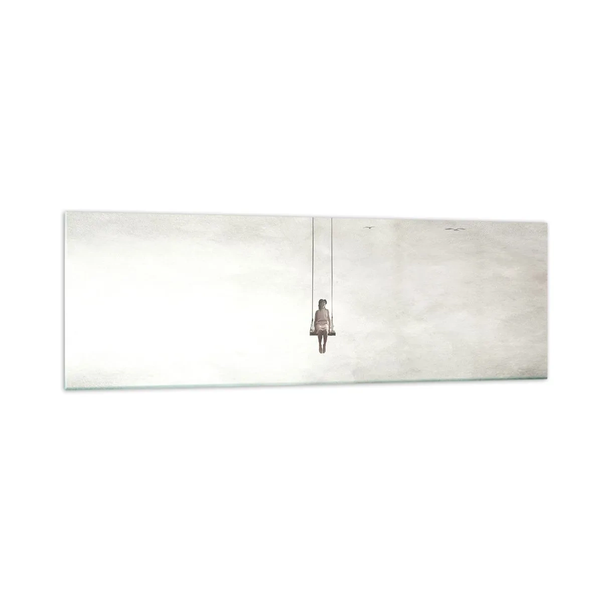 Glasbild - Bild auf glas - Eine Figur auf einer Schaukel, die im Raum schwebt - 160x50cm - Ein Kind in uns - Moderne Wanddekoration für Wohnzimmer und Schlafzimmer ARTTOR