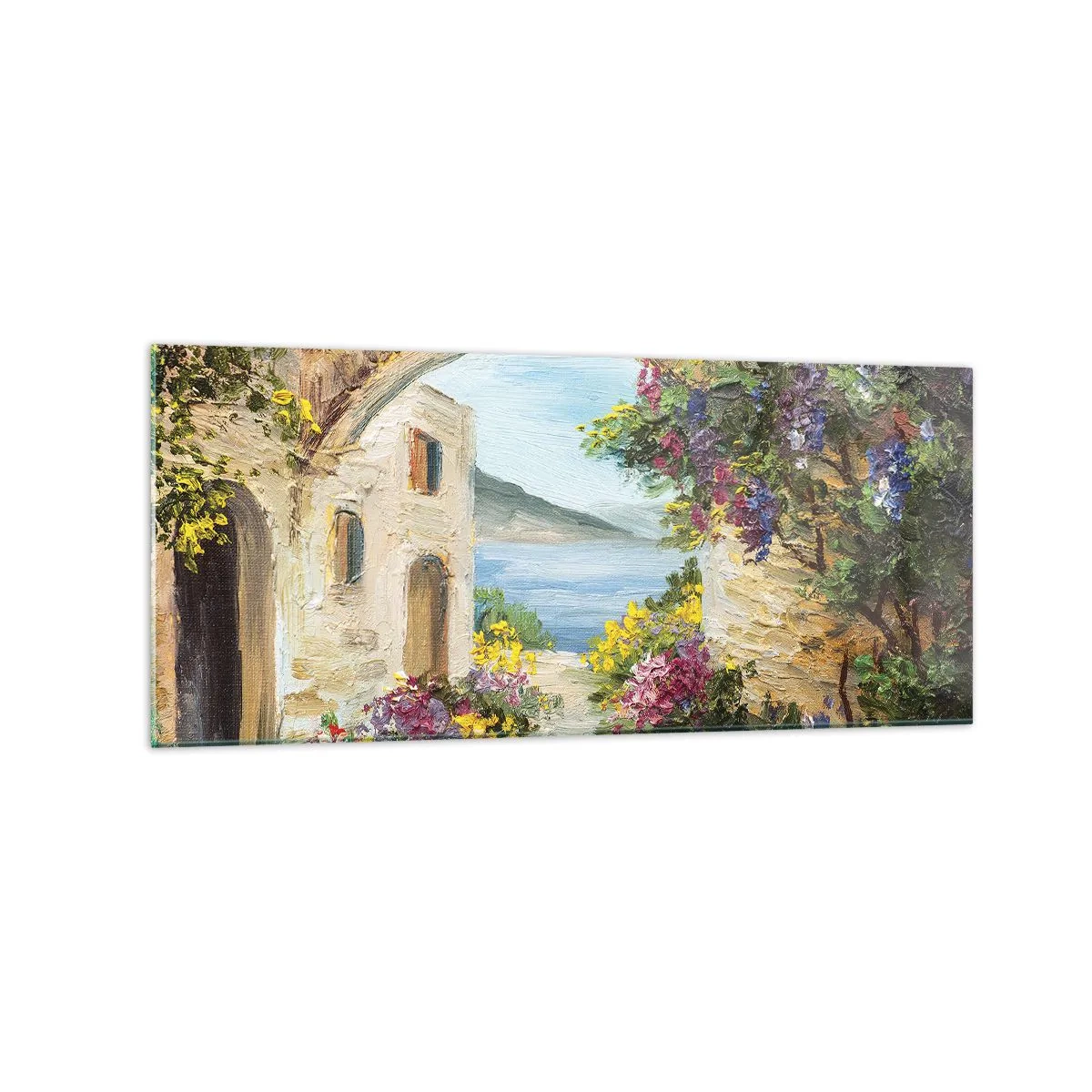 Glasbild - Bild auf glas - Küstenlandschaft mit Steingebäuden und Blumen - 120x50cm - Charme einer Küstenprovinz - Moderne Wanddekoration für Wohnzimmer und Schlafzimmer ARTTOR