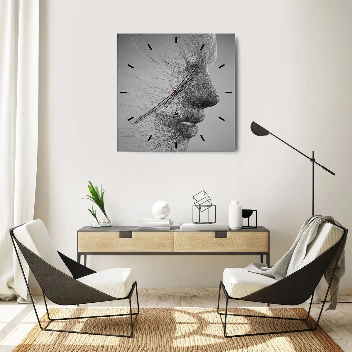 Wanduhr - Glasuhr - Künstlerisches Gesichtsprofil mit zarten Linien - 30x30cm - Der Geist des Windes - Moderne Wanddekoration für Wohnzimmer und Schlafzimmer ARTTOR