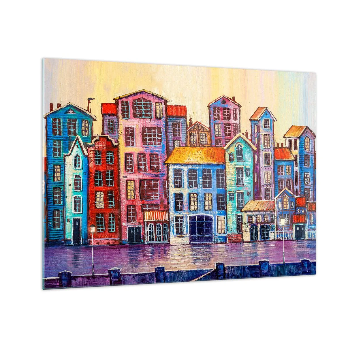 Glasbild - Bild auf glas - Bunte Mietshäuser spiegeln sich im Wasser - 70x50cm - Stadt wie aus einem Märchen - Moderne Wanddekoration für Wohnzimmer und Schlafzimmer ARTTOR