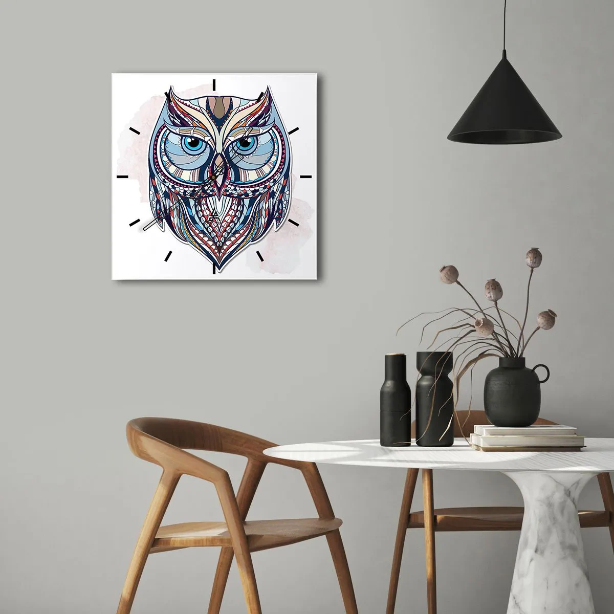 Wanduhr - Glasuhr - Geometrische Eule in Blau- und Beigetönen - 30x30cm - Aufwendige Ziereule - Moderne Wanddekoration für Wohnzimmer und Schlafzimmer ARTTOR