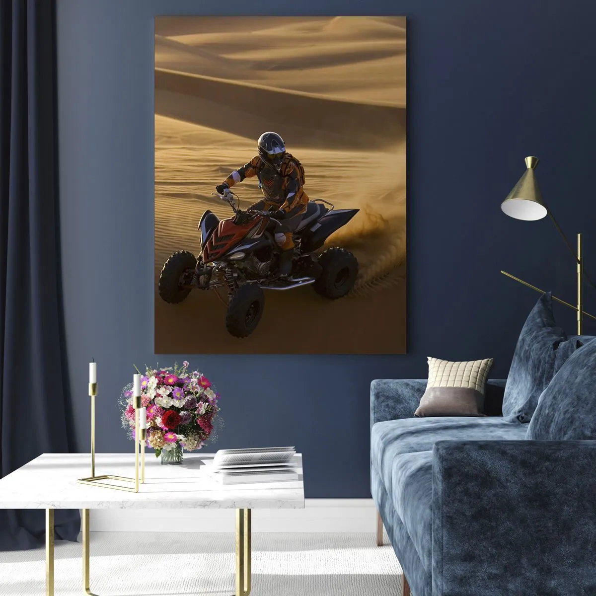 Glasbild - Bild auf glas - Ein Motorradfahrer auf einem Quad rast über die Sanddünen der Wüste - 80x120cm - Auf den Sandwellen - Moderne Wanddekoration für Wohnzimmer und Schlafzimmer ARTTOR