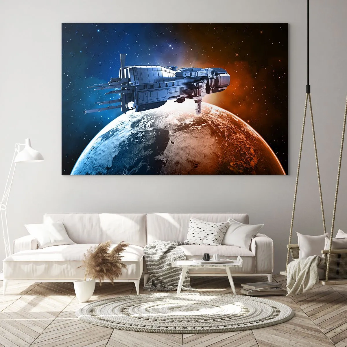 Glasbild - Bild auf glas - Ein Raumschiff, das im Sternenlicht einen Planeten umkreist - 70x50cm - Ein aufmerksamer Beobachter - Moderne Wanddekoration für Wohnzimmer und Schlafzimmer ARTTOR