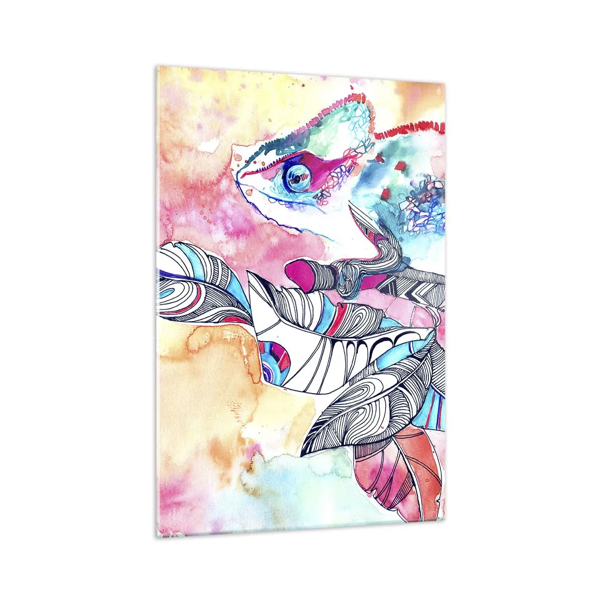 Glasbild - Bild auf glas - Buntes Chamäleon auf abstraktem Blätterhintergrund - 70x100cm - So bunt wie unsere Welt - Moderne Wanddekoration für Wohnzimmer und Schlafzimmer ARTTOR