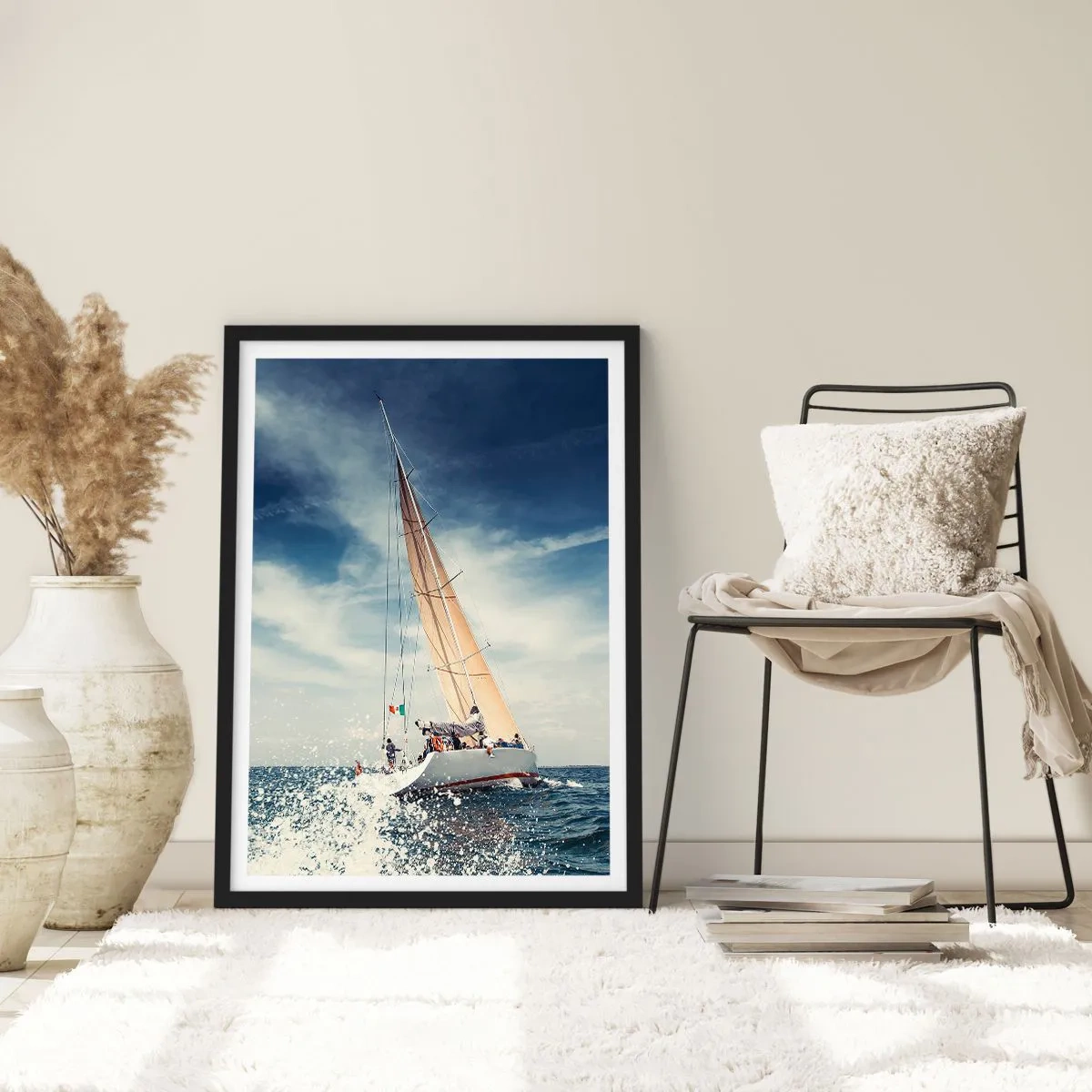 Poster in einem schwarzem Rahmen - Ein Segelboot auf hoher See unter blauem Himmel - 50x70cm - Sie werden uns nicht einholen! - Moderne Wanddekoration für Wohnzimmer und Schlafzimmer ARTTOR