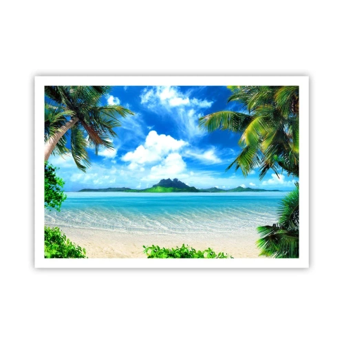Poster - Tropischer Strand mit Palmen und Blick auf die Insel - 100x70cm - Das Azurblau der Tropen - Moderne Wanddekoration für Wohnzimmer und Schlafzimmer ARTTOR
