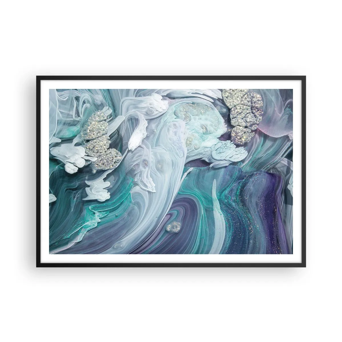 Poster in einem schwarzem Rahmen - Abstrakte Wirbel in Blau- und Weißtönen - 100x70cm - Strömungen von Himmelblau - Moderne Wanddekoration für Wohnzimmer und Schlafzimmer ARTTOR
