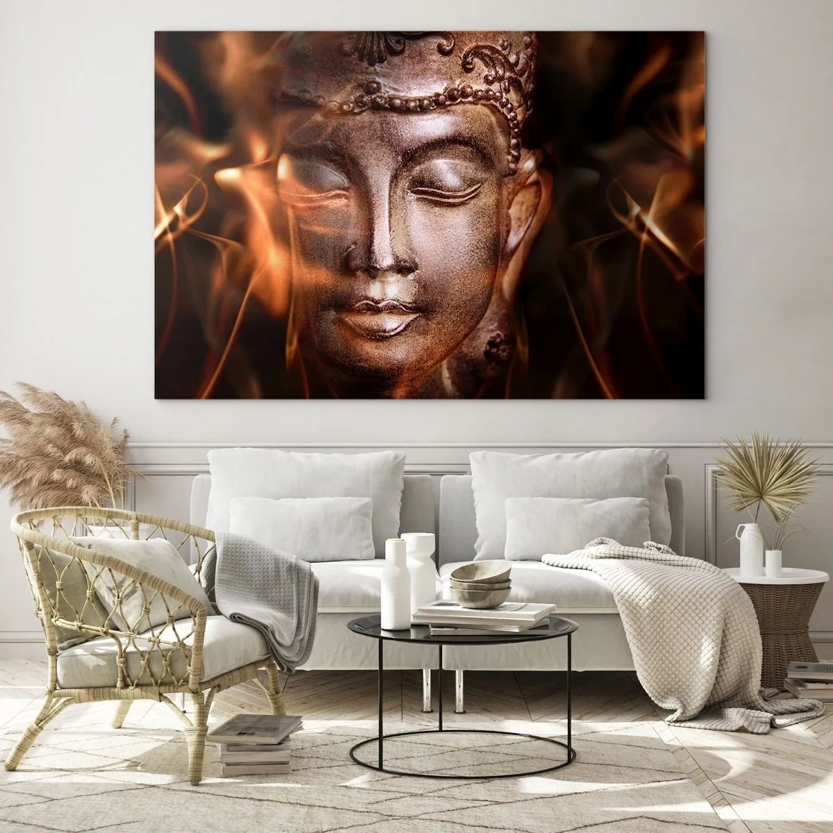 Glasbild - Bild auf glas - Das verschwommene Gesicht des Buddha in warmen Gold- und Brauntönen - 100x70cm - Es existiert nur hier und jetzt - Moderne Wanddekoration für Wohnzimmer und Schlafzimmer ARTTOR