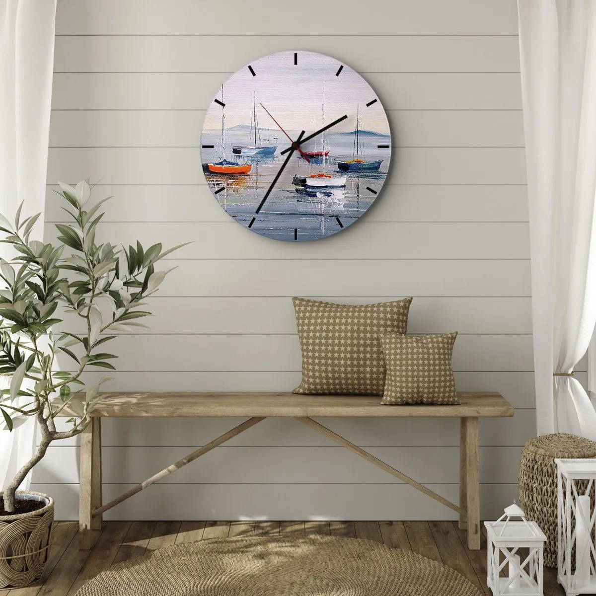 Wanduhr - Glasuhr - Bunte Boote liegen friedlich auf der Wasseroberfläche - 30x30cm - Wohlverdiente Ruhe - Moderne Wanddekoration für Wohnzimmer, Küche und Schlafzimmer ARTTOR