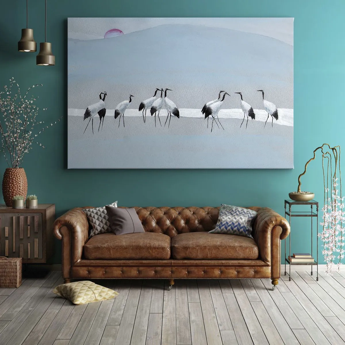 Bild auf Leinwand - Leinwandbild - Eine Gruppe von Kranichen vor blauem Himmel und der aufgehenden Sonne - 100x70cm - Nach einem heißen Tag - Moderne Wanddekoration für Wohnzimmer und Schlafzimmer ARTTOR