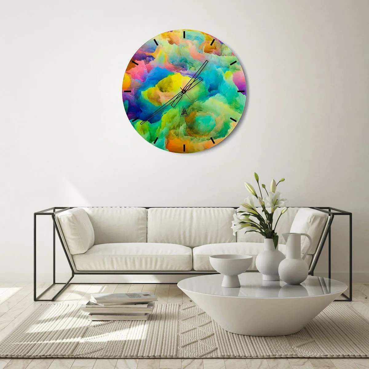 Wanduhr - Glasuhr - Abstrakte, bunte Wolken in leuchtenden Farben - 30x30cm - Regenbogen unten - Moderne Wanddekoration für Wohnzimmer, Küche und Schlafzimmer ARTTOR