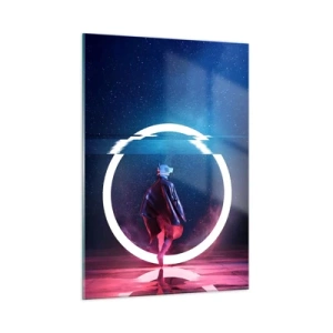Glasbild - Bild auf glas - Eine Figur in futuristischem Setting mit Neonring - 50x70cm - Zwischen den Welten - Moderne Wanddekoration für Wohnzimmer und Schlafzimmer ARTTOR